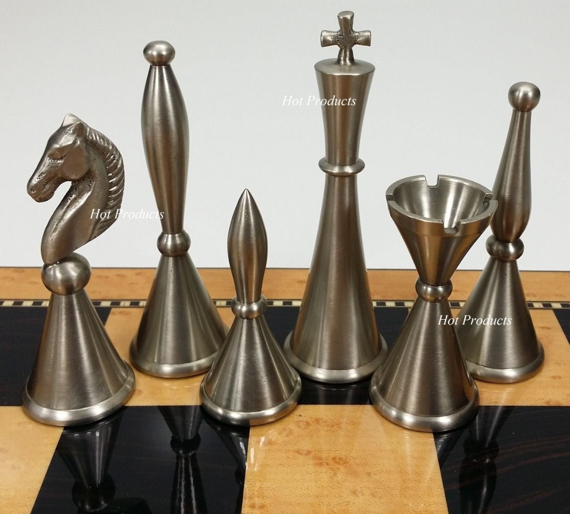 Brass Metal Modern Art Deco Staunton Chess Set 18" WALNUT MAPLE Color Board