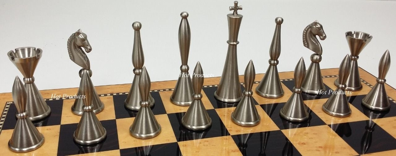 Brass Metal Modern Art Deco Staunton Chess Set 18" WALNUT MAPLE Color Board