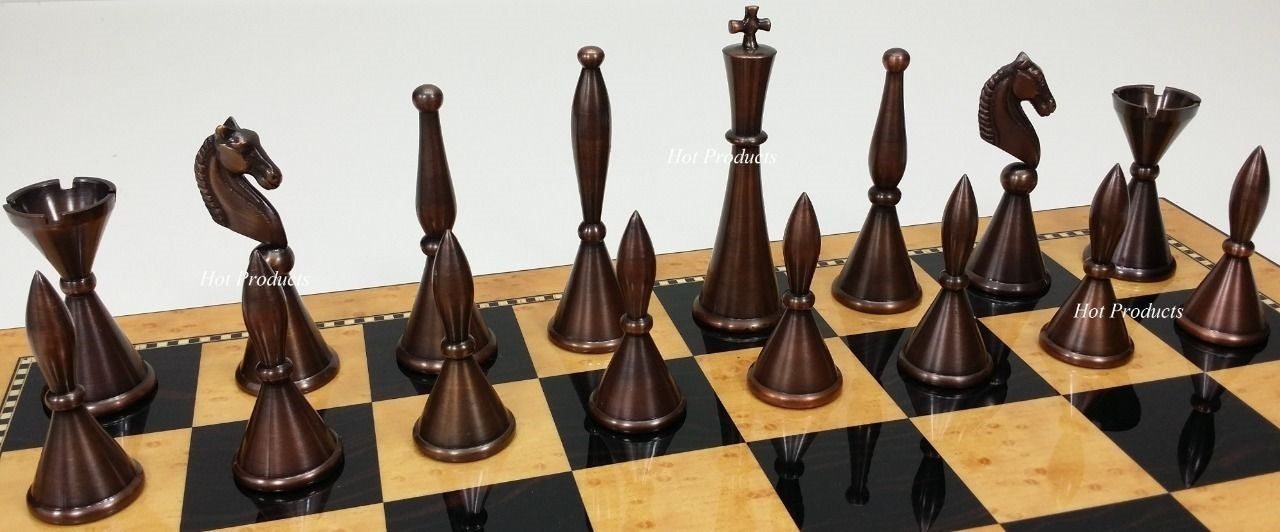 Brass Metal Modern Art Deco Staunton Chess Set 18" WALNUT MAPLE Color Board