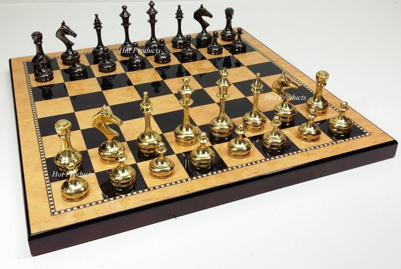 Brass Metal Gold & Black Modern Slim Staunton Chess Set 18" Walnut Color Board
