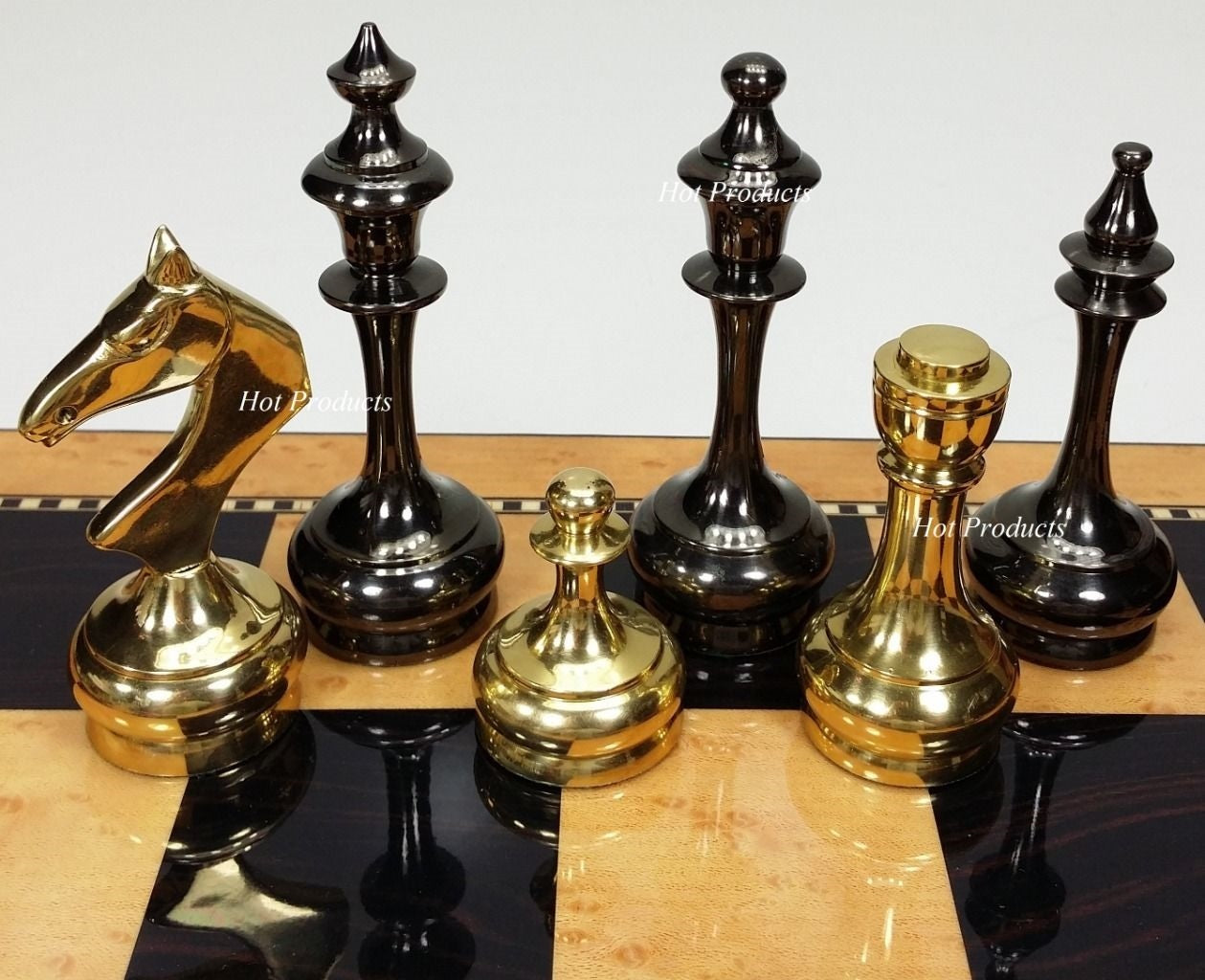 Brass Metal Gold & Black Modern Slim Staunton Chess Set 18" Walnut Color Board
