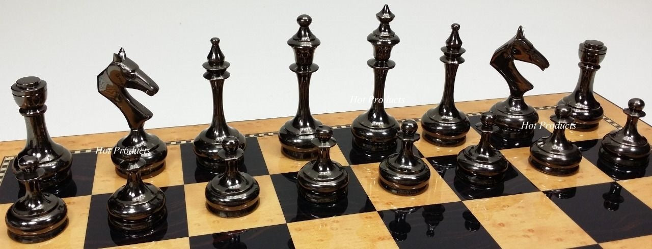 Brass Metal Gold & Black Modern Slim Staunton Chess Set 18" Walnut Color Board