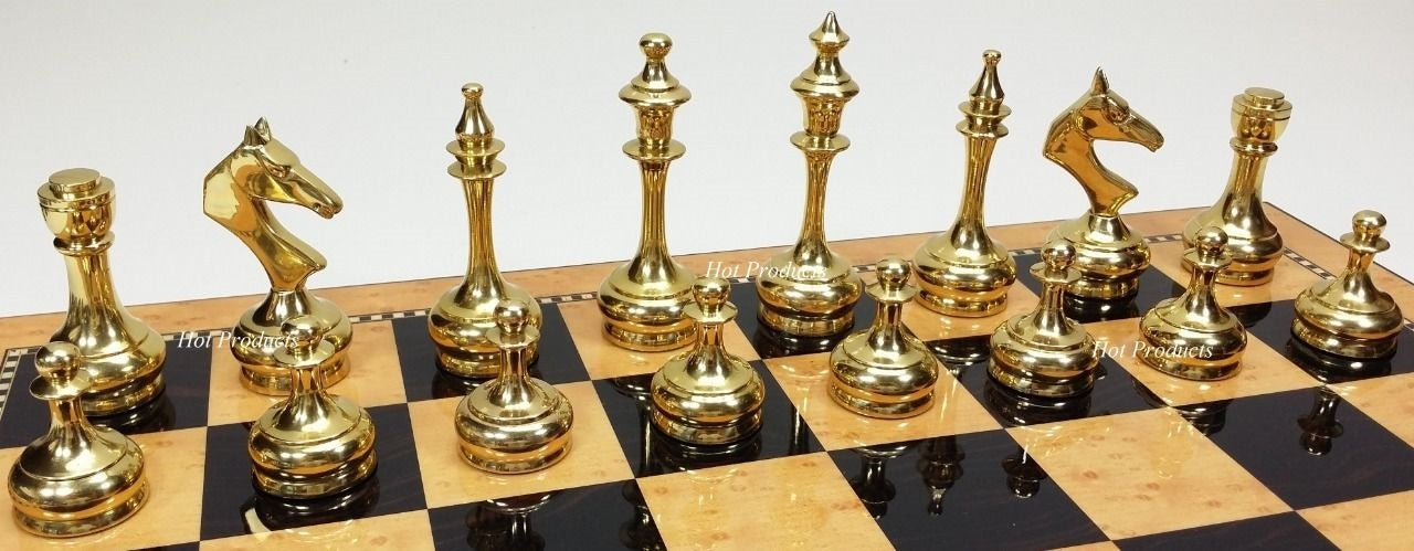 Brass Metal Gold & Black Modern Slim Staunton Chess Set 18" Walnut Color Board