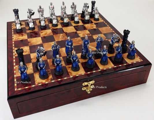 Medieval Times Crusade BLUE WHITE Maltese Chess Set Cherry Color Storage Board