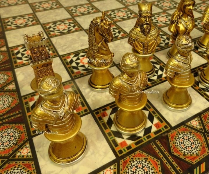 Medieval Times Crusades Busts Gold Silver Chess Set W/ 17" Mosaic Color Boar