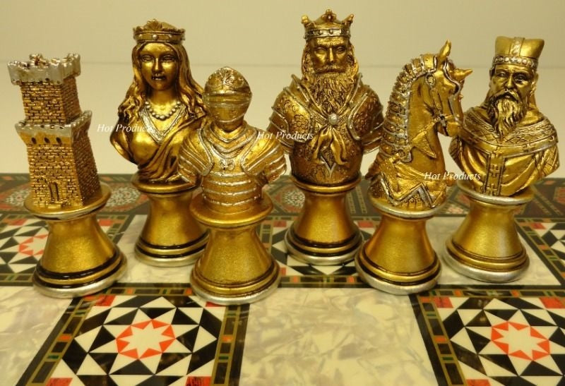 Medieval Times Crusades Busts Gold Silver Chess Set W/ 17" Mosaic Color Boar