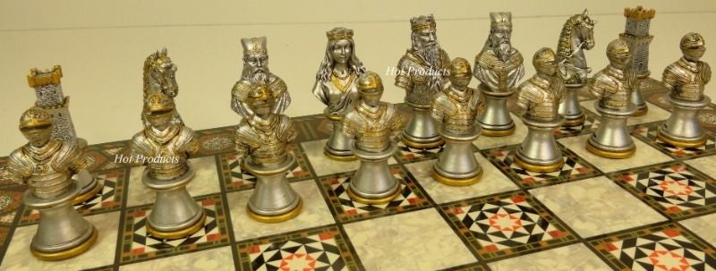 Medieval Times Crusades Busts Gold Silver Chess Set W/ 17" Mosaic Color Boar