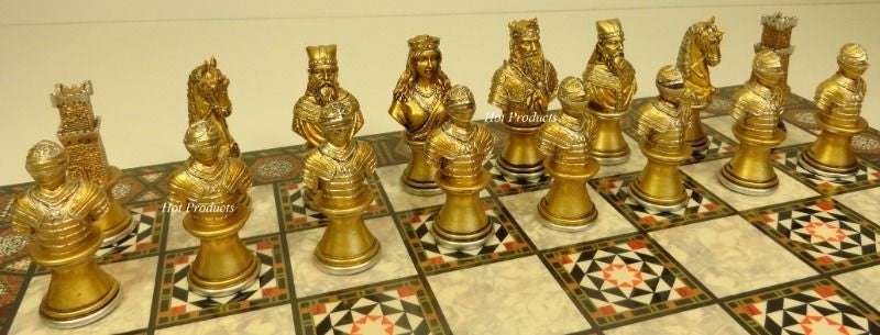 Medieval Times Crusades Busts Gold Silver Chess Set W/ 17" Mosaic Color Boar