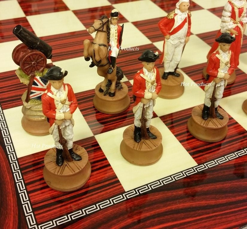 American Revolutionary War Chess Set W/ 17" Cherry Color Board Independence
