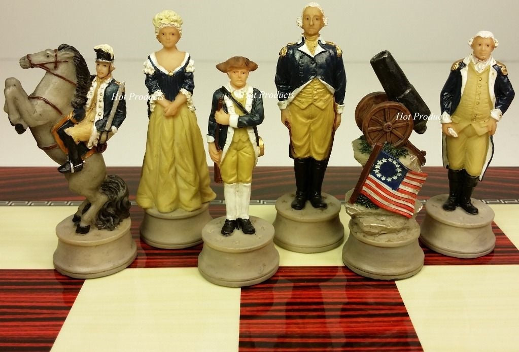 American Revolutionary War Chess Set W/ 17" Cherry Color Board Independence