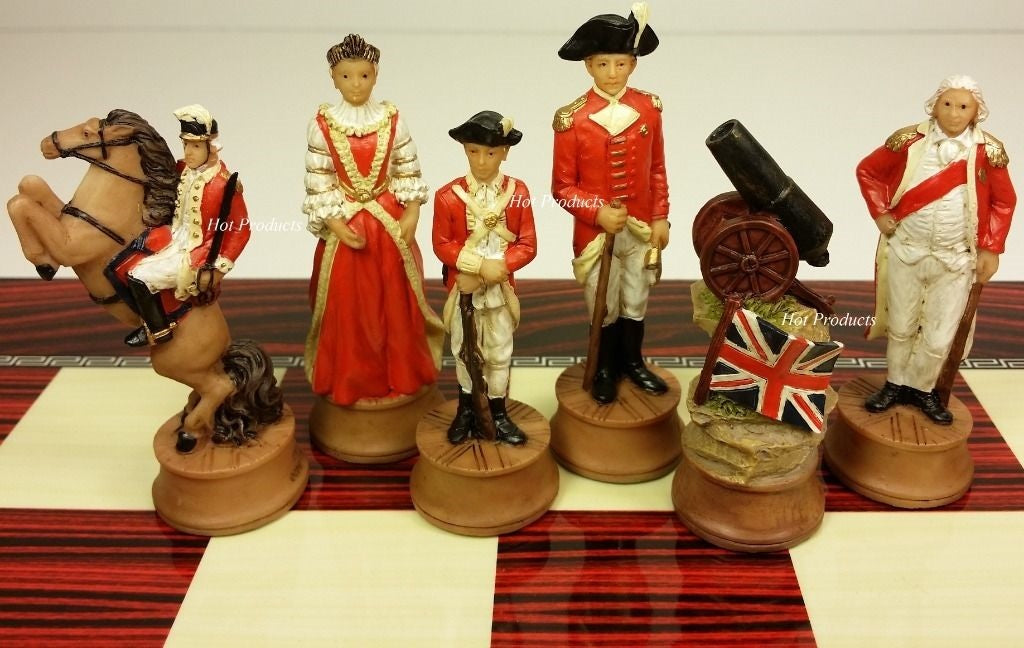 American Revolutionary War Chess Set W/ 17" Cherry Color Board Independence
