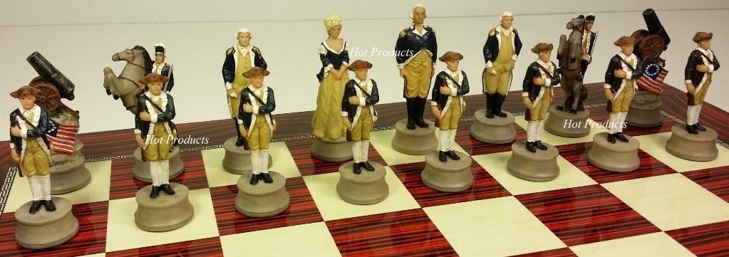 American Revolutionary War Chess Set W/ 17" Cherry Color Board Independence