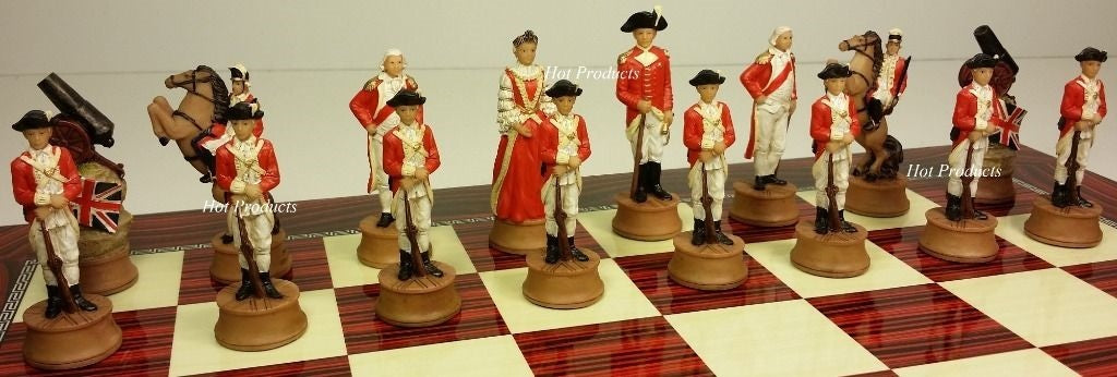 American Revolutionary War Chess Set W/ 17" Cherry Color Board Independence