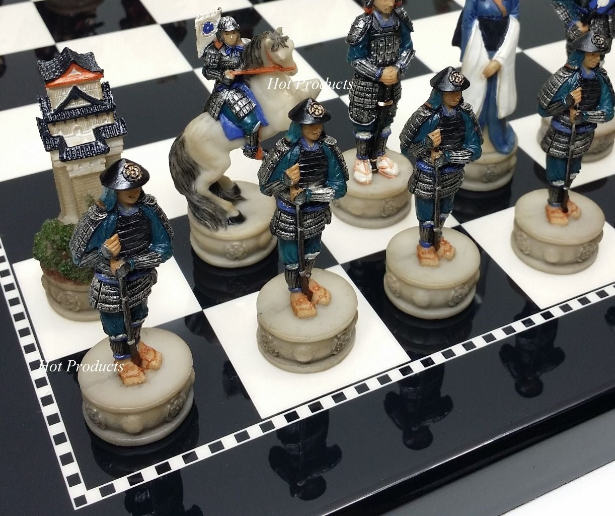 Japanese Samurai Warrior Chess Men Set w/ 15" High Gloss Black and White Board