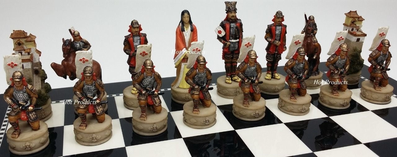 Japanese Samurai Warrior Chess Men Set w/ 15" High Gloss Black and White Board