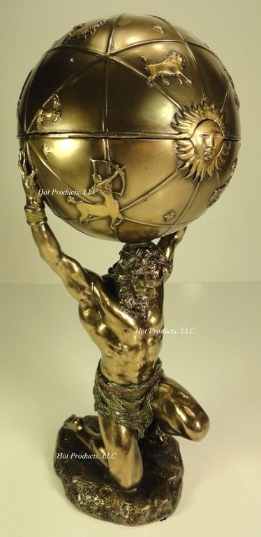 12 3/4 Greek Atlas God Carrying Earth Trinket Box Statue Sculpture Bronze Finish