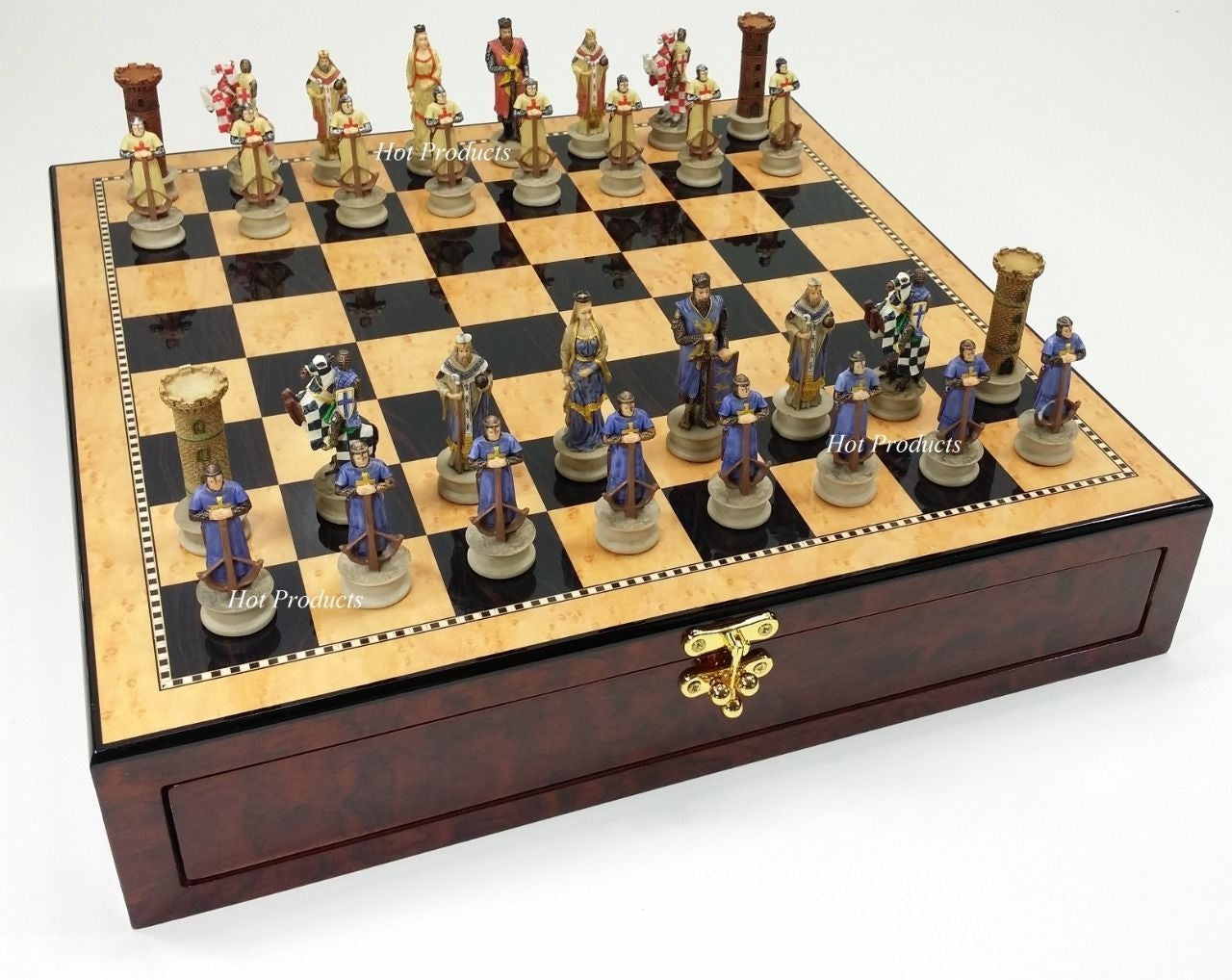Medieval Times Crusades King Richard Chess Set Walnut Maple Color Storage Board