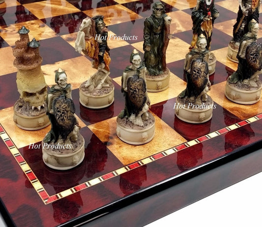 Skeleton Slayer Fantasy Gothic Skull Chess Pieces Set W / 18" Cherry Color Board