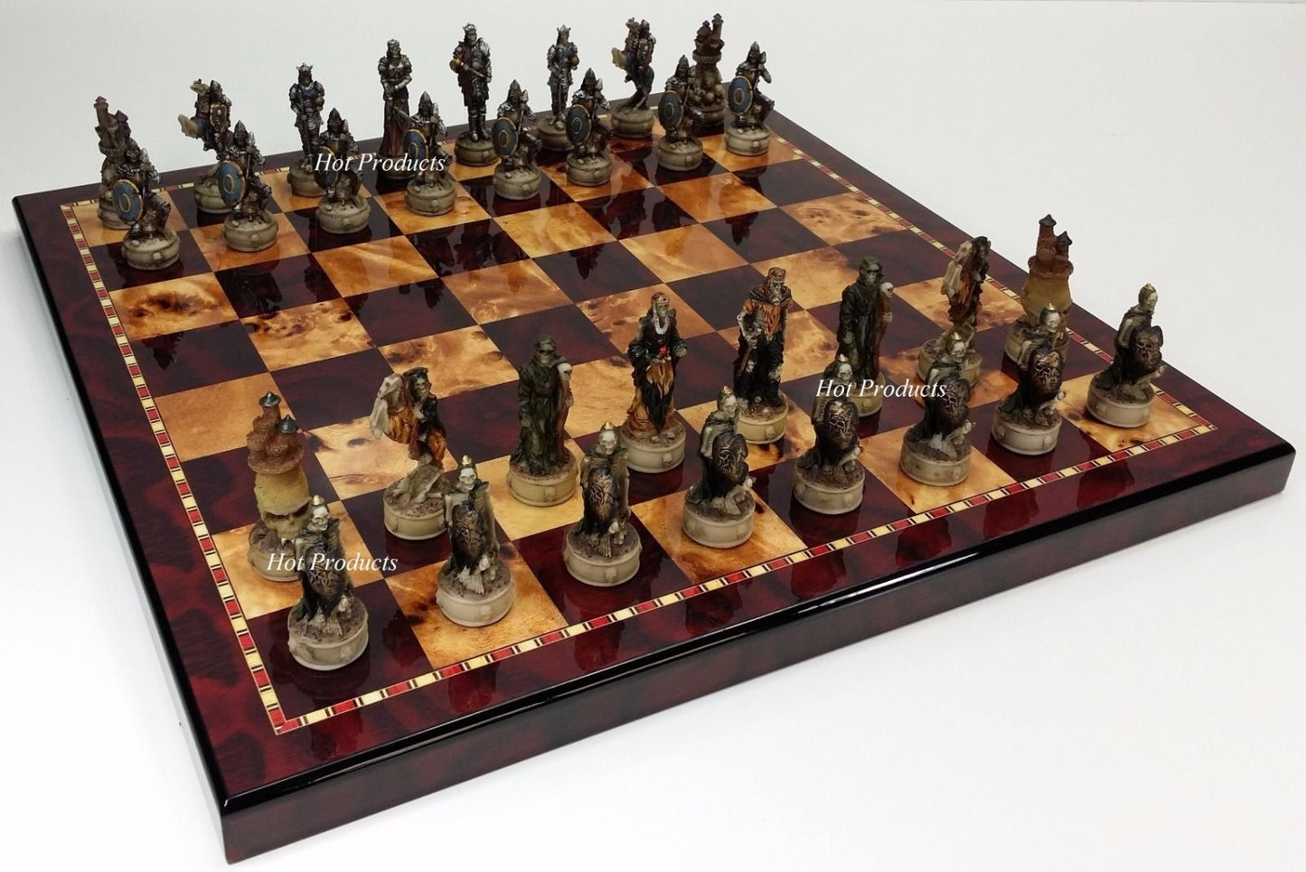 Skeleton Slayer Fantasy Gothic Skull Chess Pieces Set W / 18" Cherry Color Board