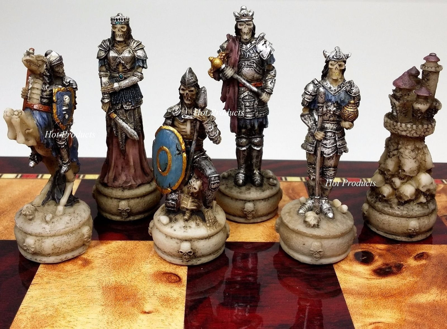 Skeleton Slayer Fantasy Gothic Skull Chess Pieces Set W/ 18" Cherry Color Board