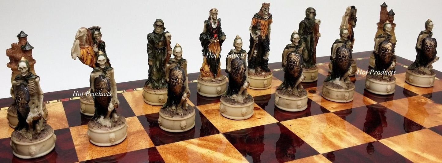 Skeleton Slayer Fantasy Gothic Skull Chess Pieces Set W/ 18" Cherry Color Board