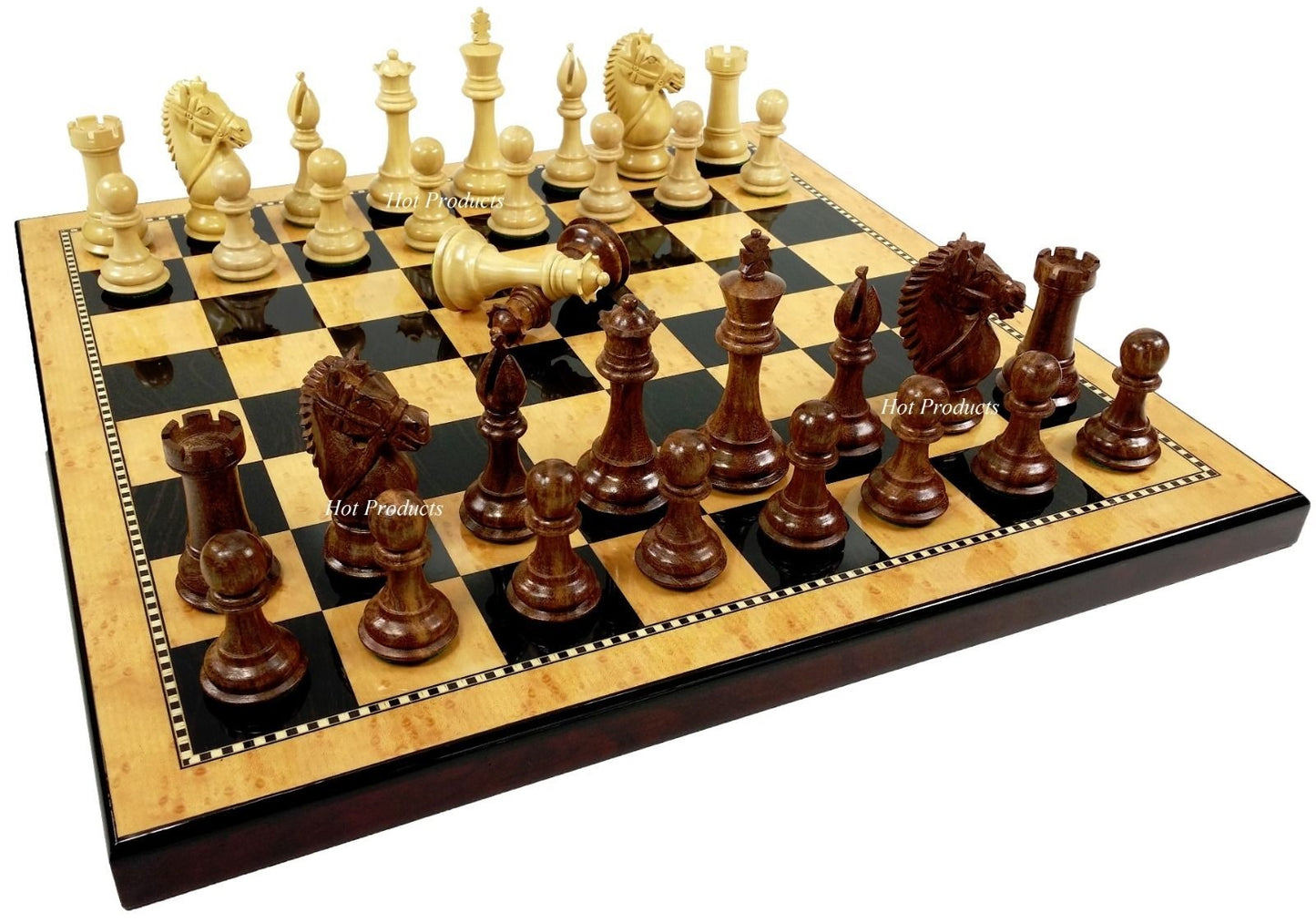 4" Staunton Wood BRIDLED Knight Chess Set Tray Storage Box + Walnut Color Board