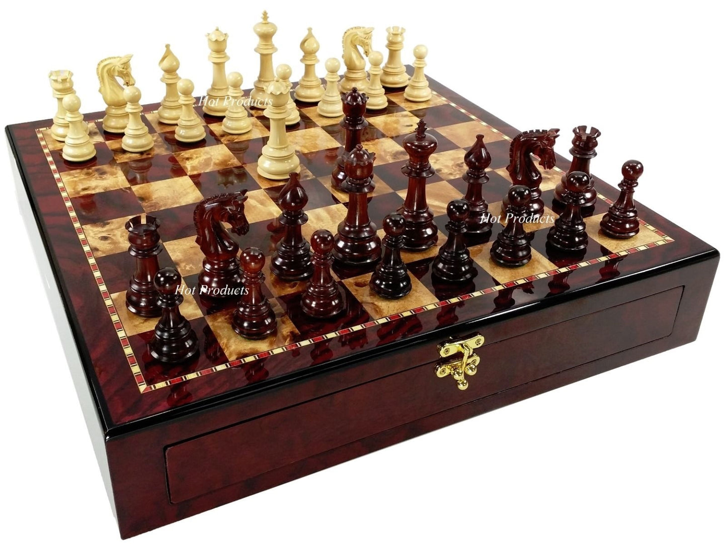 Bloodwood & Box Wood Large Staunton LUXURY Chess Set Cherry Color Storage Board