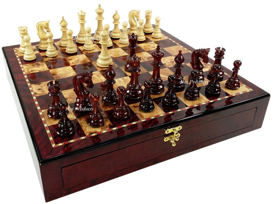 Bloodwood & Box Wood Large Staunton LUXURY Chess Set Cherry Color Storage Board