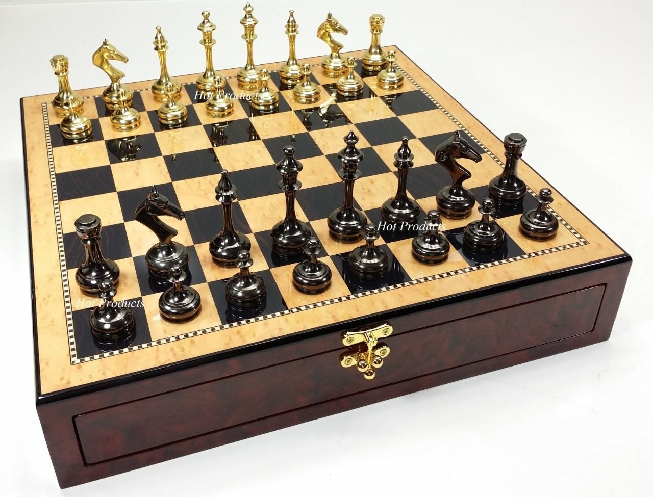 Real Brass Metal Gold & Black Modern Slim Staunton Chess Set 17" Storage Board
