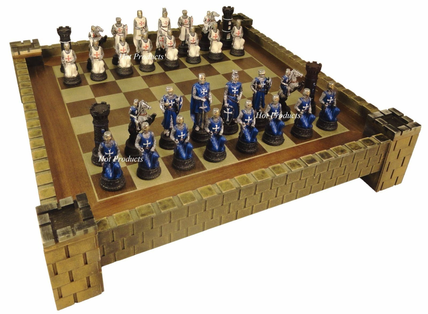 Medieval Times Crusades WARRIOR Knight Blue & White Chess set W Castle Board 17"