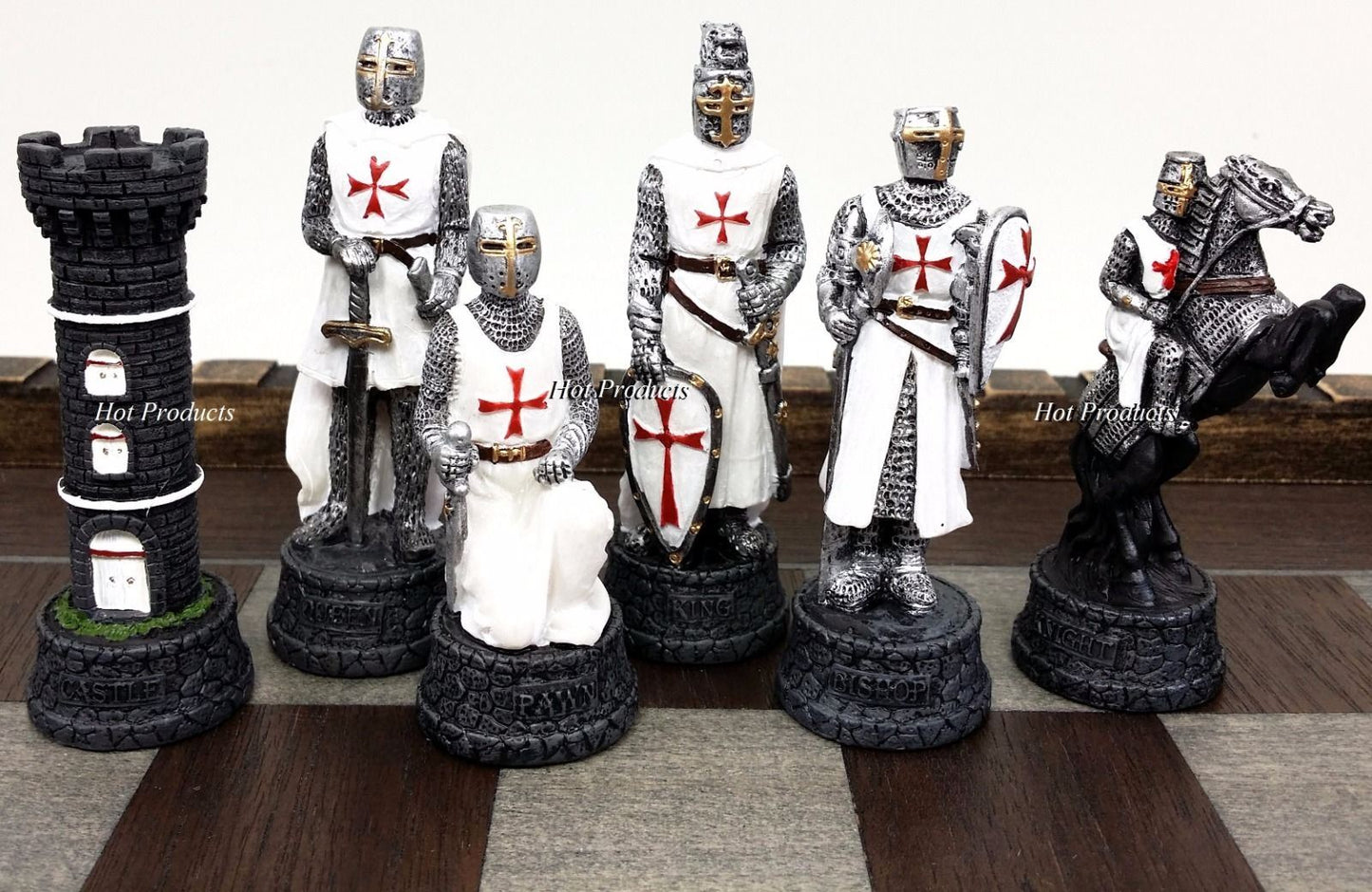 Medieval Times Crusades WARRIOR Knight Blue & White Chess set W Castle Board 17"