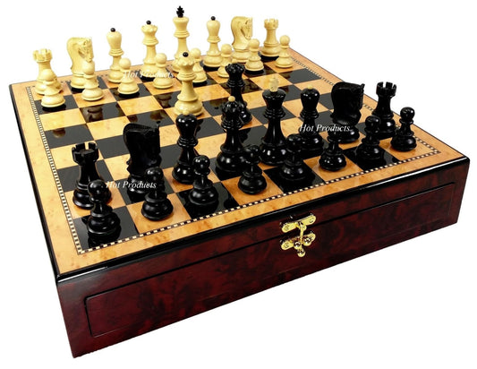 4QN BLACK Opposite Tops Staunton Wood Chess Set W 17" Walnut Color Storage Board