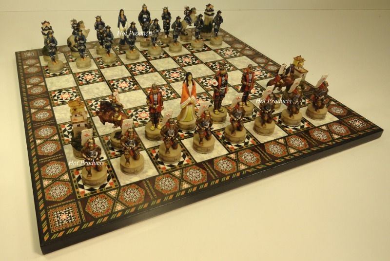 Japanese Samurai Warrior Chess Men Set With 17" Mosaic Color Board