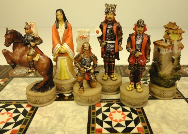 Japanese Samurai Warrior Chess Men Set With 17" Mosaic Color Board