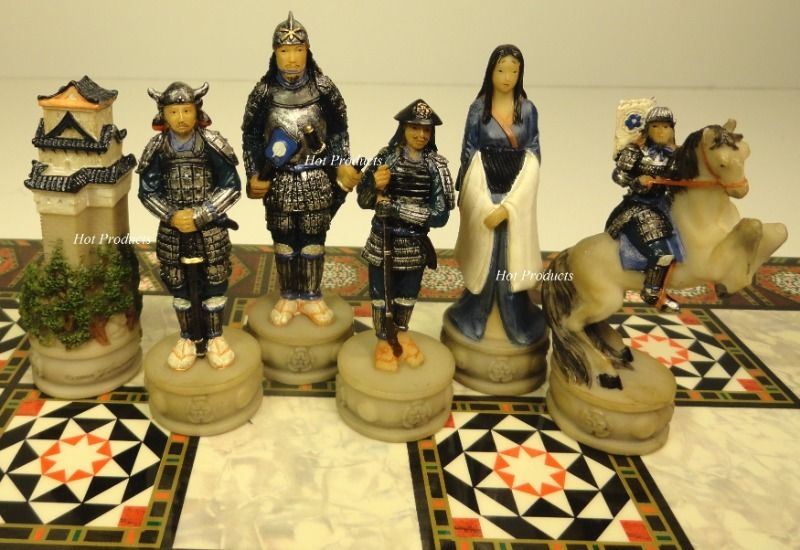 Japanese Samurai Warrior Chess Men Set With 17" Mosaic Color Board