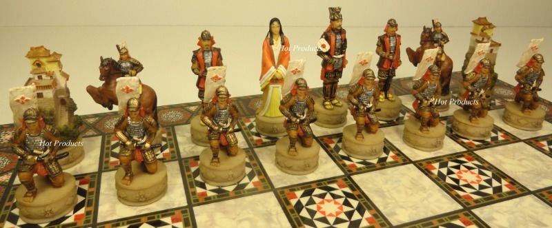 Japanese Samurai Warrior Chess Men Set With 17" Mosaic Color Board