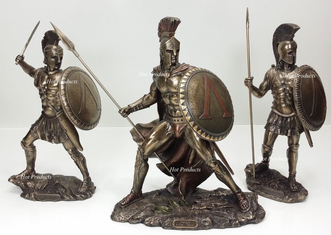 SET OF 3 SPARTAN GREEK LEONIDAS & WARRIOR W/ SWORD & SPEAR Statue Sculpture