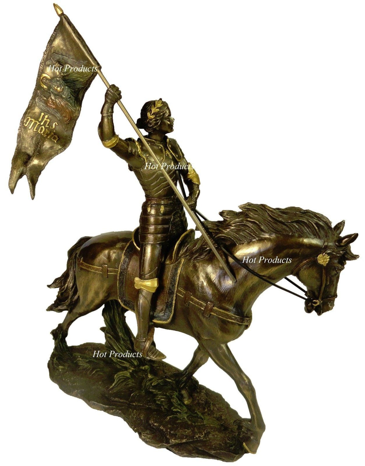 Roman Catholic Saint Joan of Arc on Horse with Flag Statue Bronze Finish