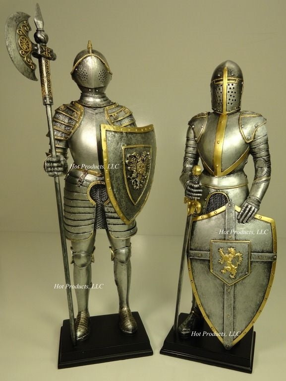 13" PAIR of Medieval Times Crusades KNIGHT SCULPTURE STATUE W POLEAXE & SWORD