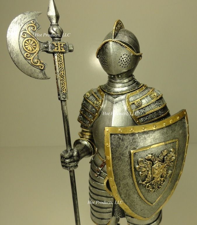 13" PAIR of Medieval Times Crusades KNIGHT SCULPTURE STATUE W POLEAXE & SWORD