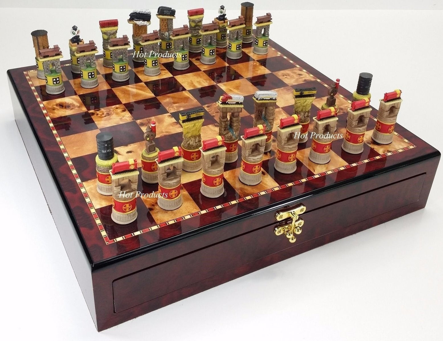 Santa Fe Trains Steam v Diesel Train Engine Chess Set Cherry Color Storage Board