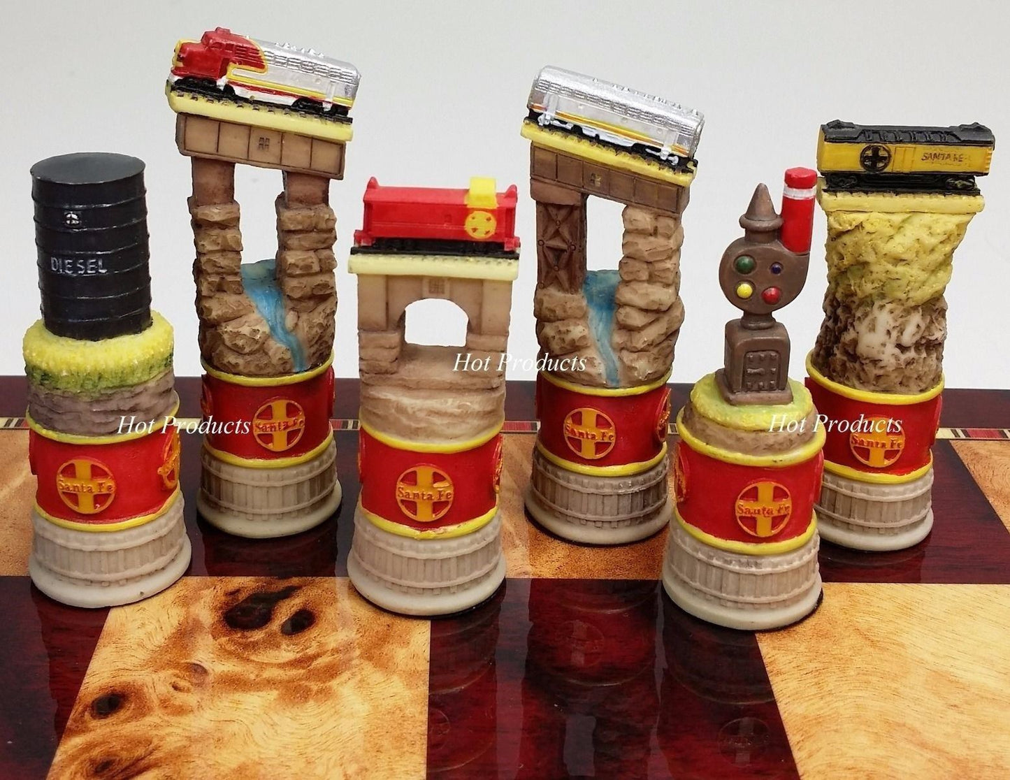 Santa Fe Trains Steam v Diesel Train Engine Chess Set Cherry Color Storage Board