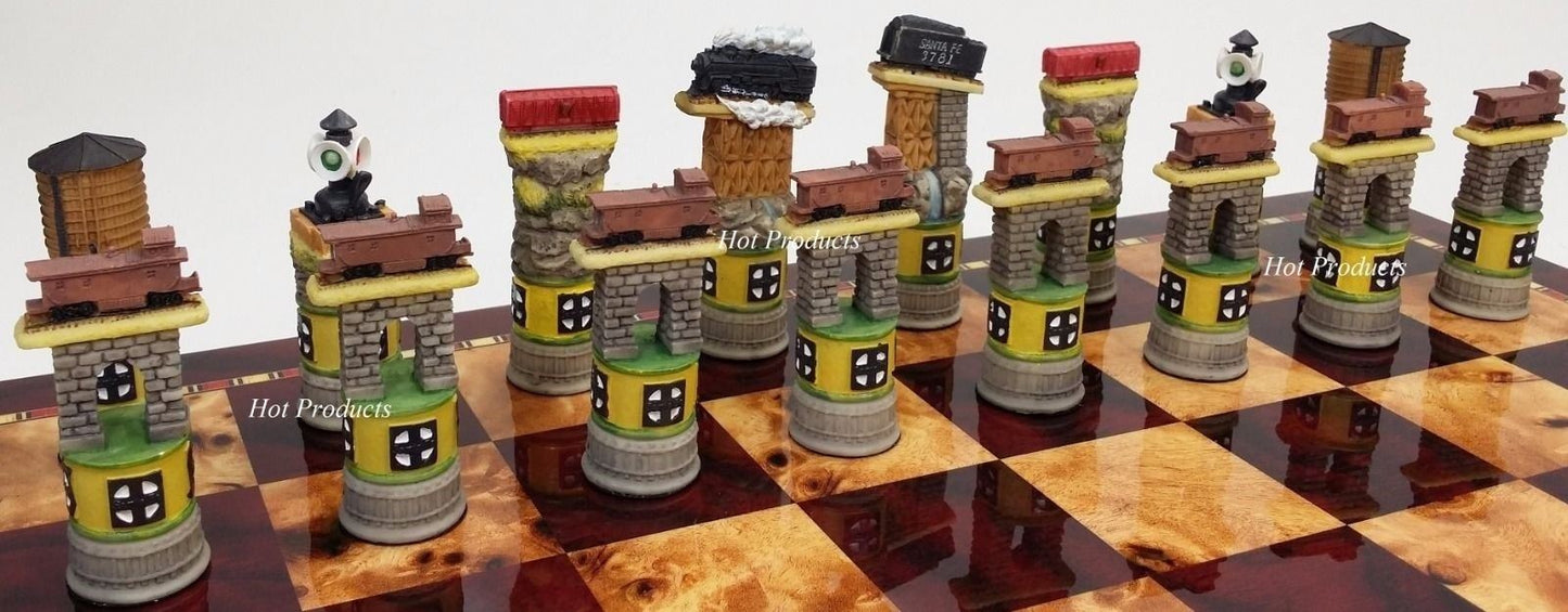 Santa Fe Trains Steam v Diesel Train Engine Chess Set Cherry Color Storage Board