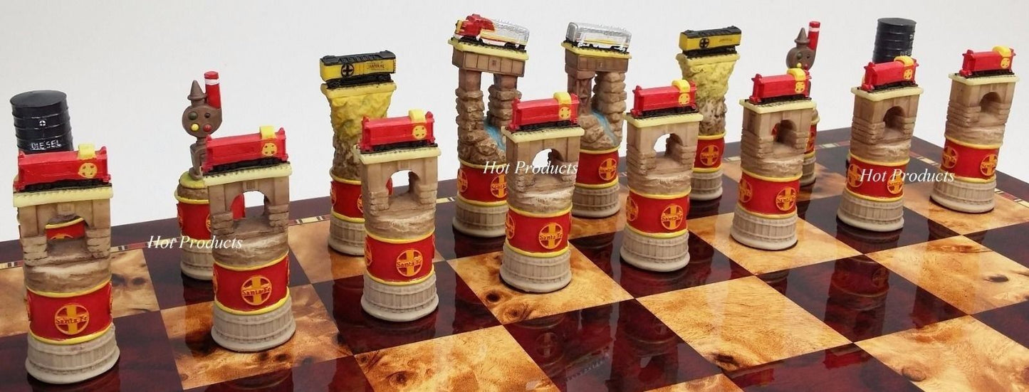 Santa Fe Trains Steam v Diesel Train Engine Chess Set Cherry Color Storage Board