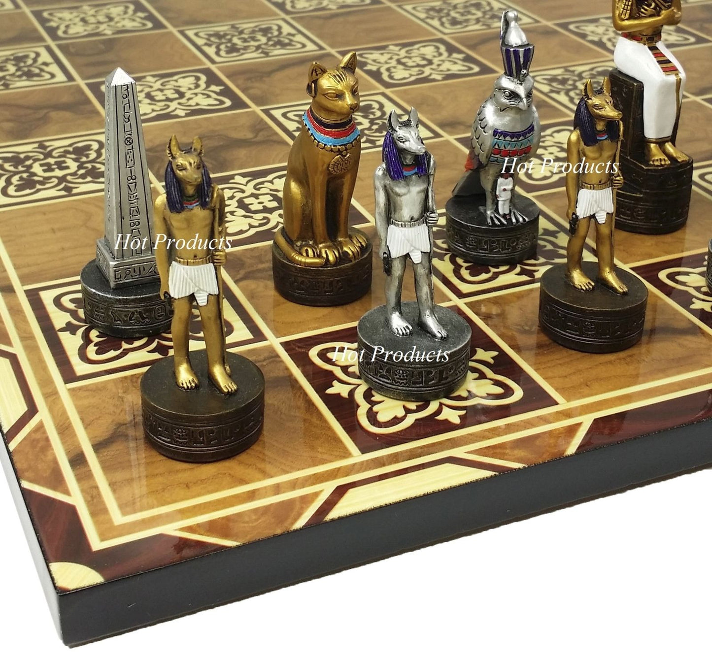 Egyptian Anubis Chess Set Gold & Silver Painted Men 17" Burlwood Color Board