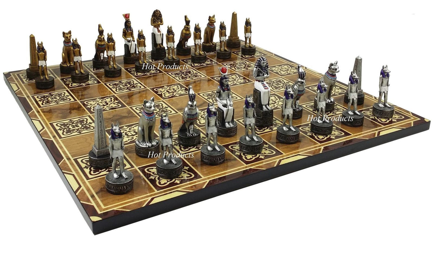 Egyptian Anubis Chess Set Gold & Silver Painted Men 17" Burlwood Color Board