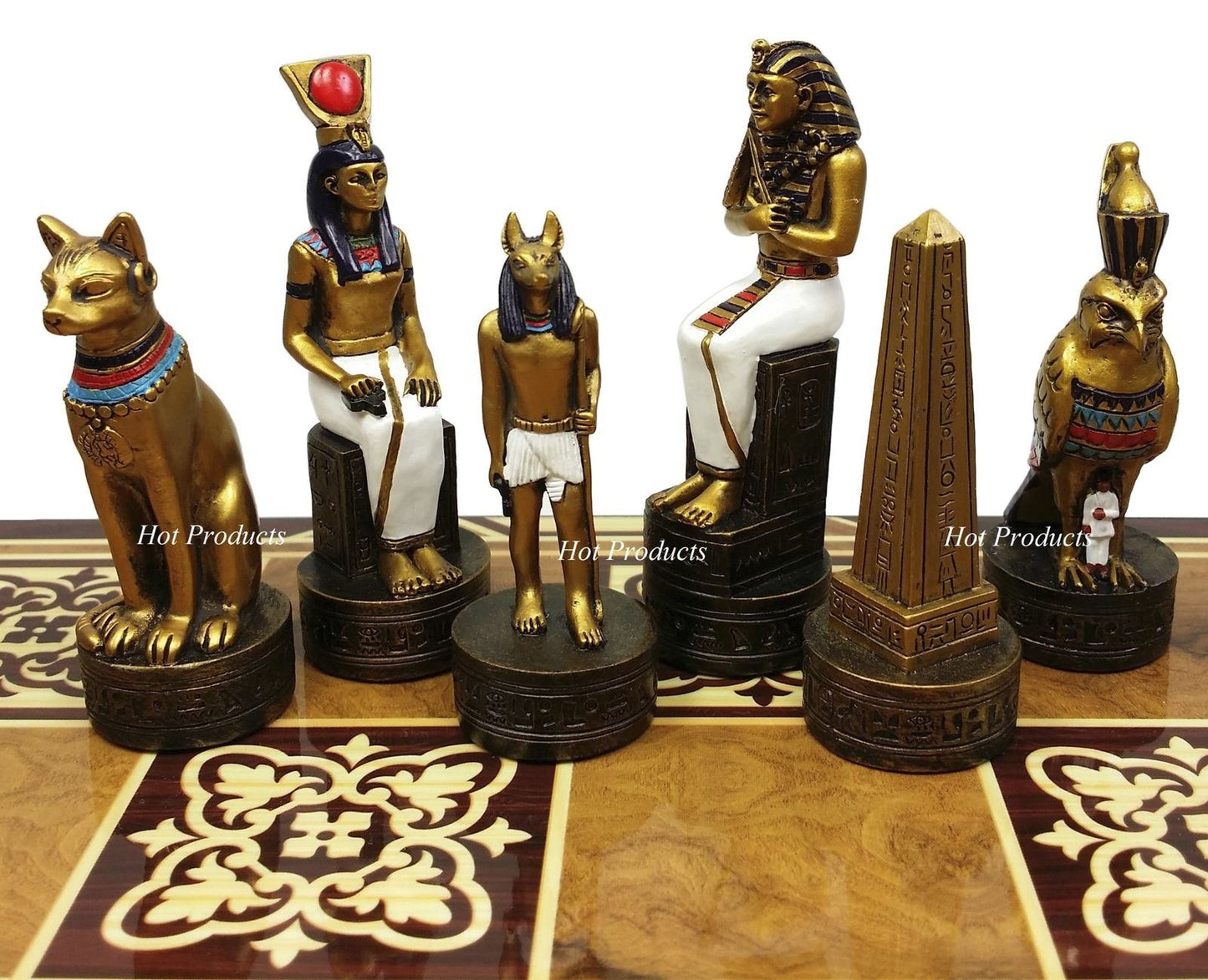 Egyptian Anubis Chess Set Gold & Silver Painted Men 17" Burlwood Color Board