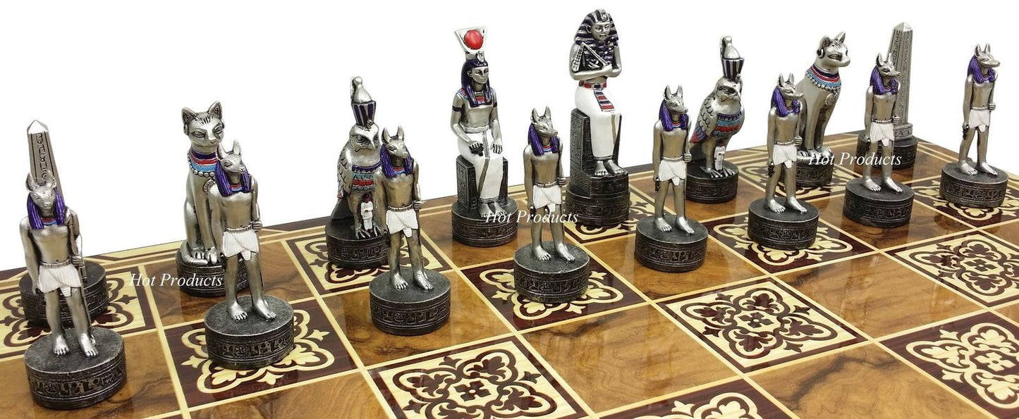 Egyptian Anubis Chess Set Gold & Silver Painted Men 17" Burlwood Color Board