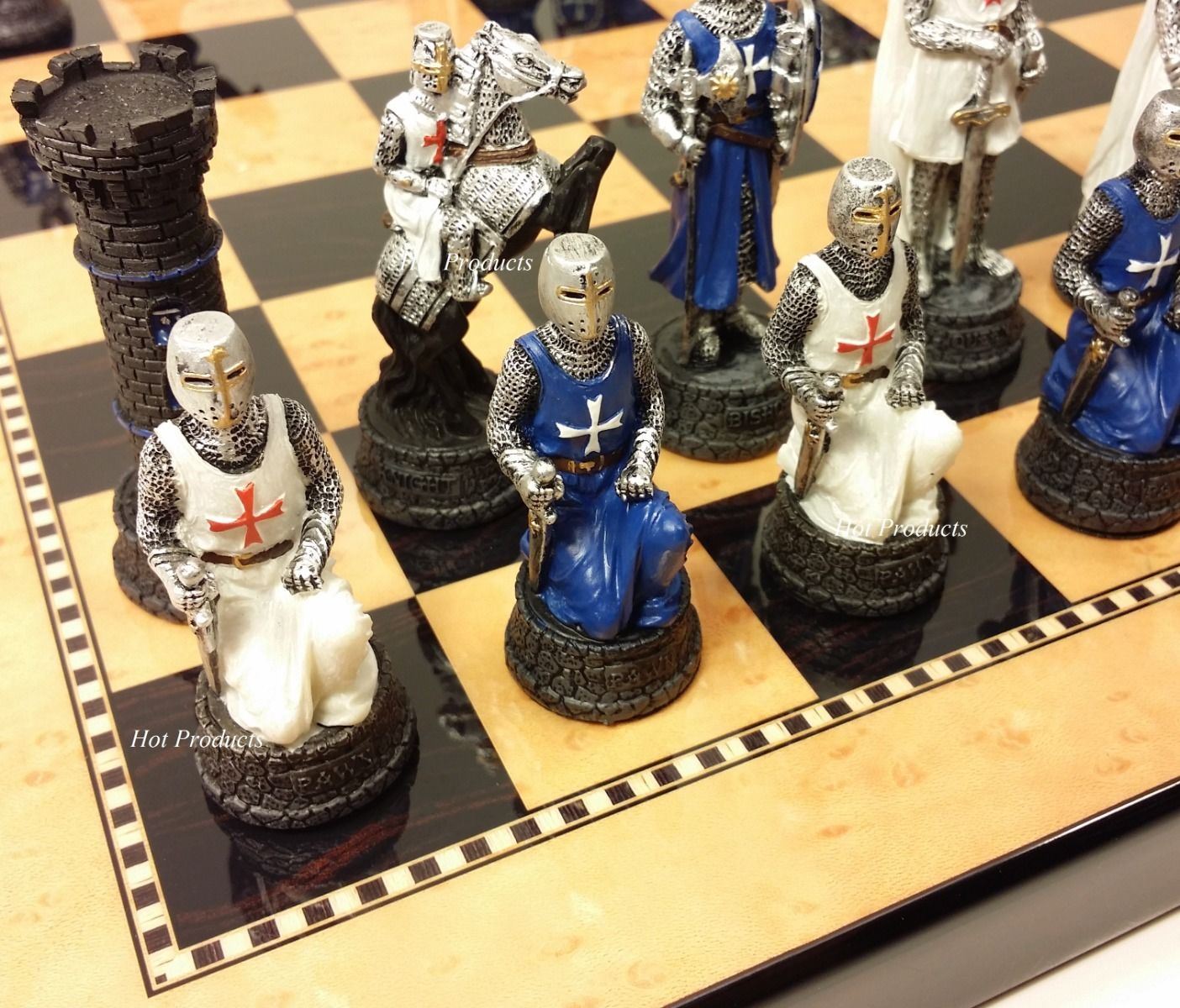 Medieval Times Crusade BLUE & WHITE Maltese Knight Chess Set 15" Walnut Color Bd