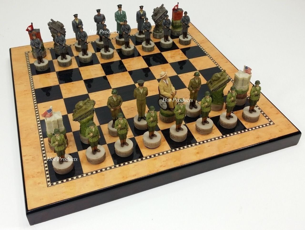WW2 US GERMANY Chess Set W 18" WALNUT & BIRDSEYE MAPLE Color Board World War 2